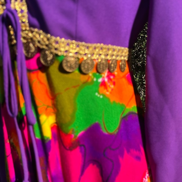 Vintage 1970’s psychedelic handmade barkcloth maxi dress with gold ribbon trim - Picture 7 of 8